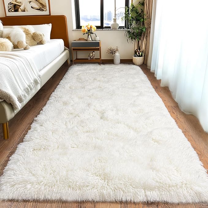 Pionblank Fluffy Runner Rugs for Bedroom 2x6, Modern Shaggy Area Rug for Hallway Living Room, Plush Soft Fuzzy Bedside Carpet for Kids Girls Boys Room Nursery Decor, Cream White