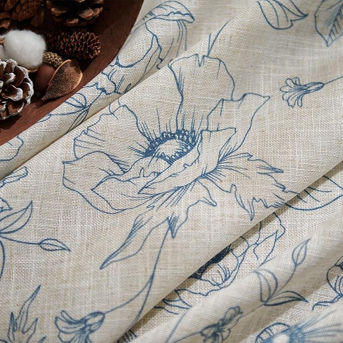 jinchan Floral Linen Curtains for Living Room 63 Inch Length Blue Flower Curtain Rod Pocket Back Tab Farmhouse Curtains with Printed Floral Bedroom Window Curtain Set, 2 Panels Blue