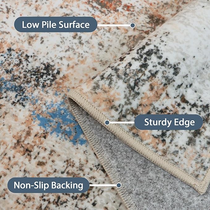 Area Rugs 6x9 for Living Room Bedroom, Modern Abstract Machine Washable Rug, Large Soft Low Pile Floor Carpet with Non Slip Backing for Dining Room, Blue/Brick