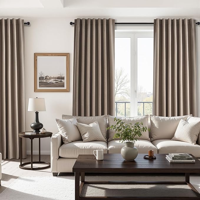 Topfinel 90 inch Long Linen Blackout Curtains 2 Panels for Bedroom Living Room 100% Black Out Linen Texture Curtain Elegant Farmhouse Window Drapes with Back Tab Rod Pocket Room Darkening Drape Taupe