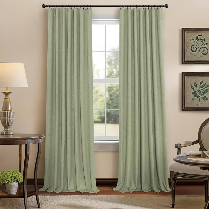 Light Sage Green Black Out Curtains 96 Inch Long for Bedroom 2 Panel Linen Textured Boho Blackout Curtains Darkening Neutral Farmhouse Thermal Drapes for Sliding Doors Patio Living Room 52x96 Length