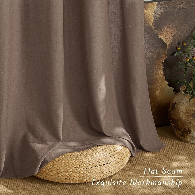 NICETOWN Linen Brown Curtains 96 inch Long, Grommet Privacy Added Thick Flax Window Treatments with Light Filtering Drapes for Bedroom/Farmhouse, W55 x L96, 2 Panels