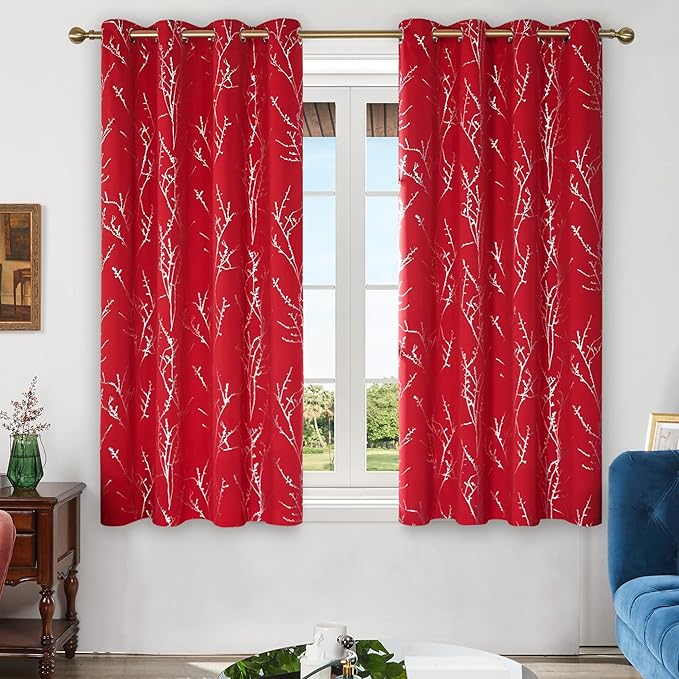 Deconovo Christmas Red Curtains, Blackout Drapes, Soundproof Curtain, Silver Print, 52 x 63 Inch Long, 2 Panels, Machine Washable Window Panel for Living Room Bedroom Festival Party Decoration Kitchen