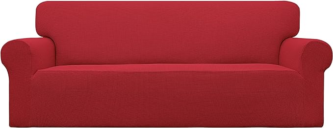 Easy-Going Stretch Oversized Sofa Slipcover 1-Piece Sofa Cover Furniture Protector Couch Soft with Elastic Bottom for Kids, Polyester Spandex Jacquard Fabric Small Checks Christmas Red