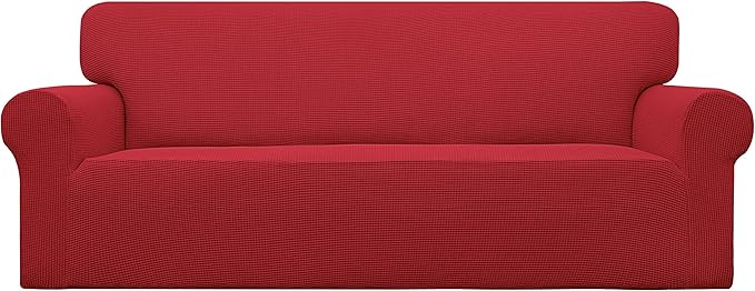 Easy-Going Stretch Sofa Slipcover 1-Piece Sofa Cover Furniture Protector Couch Soft with Elastic Bottom for Kids, Polyester Spandex Jacquard Fabric Small Checks (Sofa, Christmas Red)