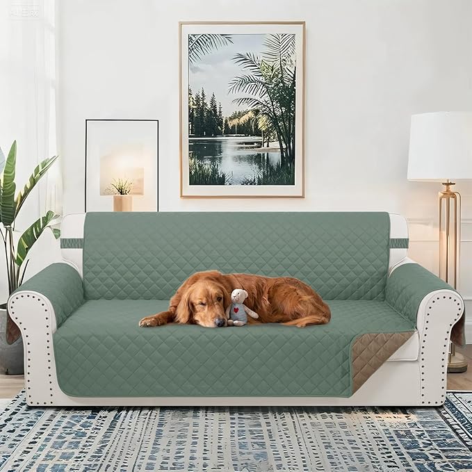 Reversible 4 Seater Sofa Cover 91 Inch Large Couch Cover Furniture Protector(Sofa XX-Large,Greyish Green/Taupe)