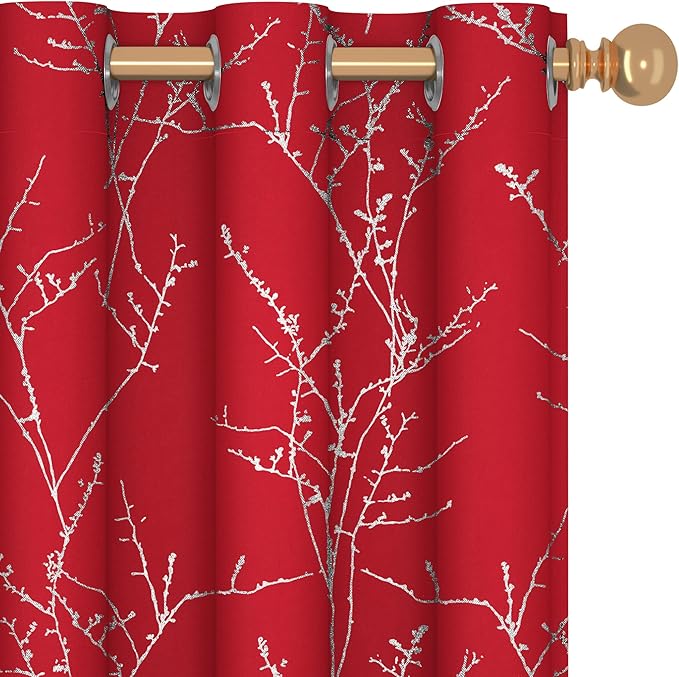 Deconovo Christmas Red Curtains, Blackout Drapes, Soundproof Curtain, Silver Print, 42 x 63 Inch Long, 2 Panels, Machine Washable Window Panel for Living Room Bedroom Festival Party Decoration Kitchen