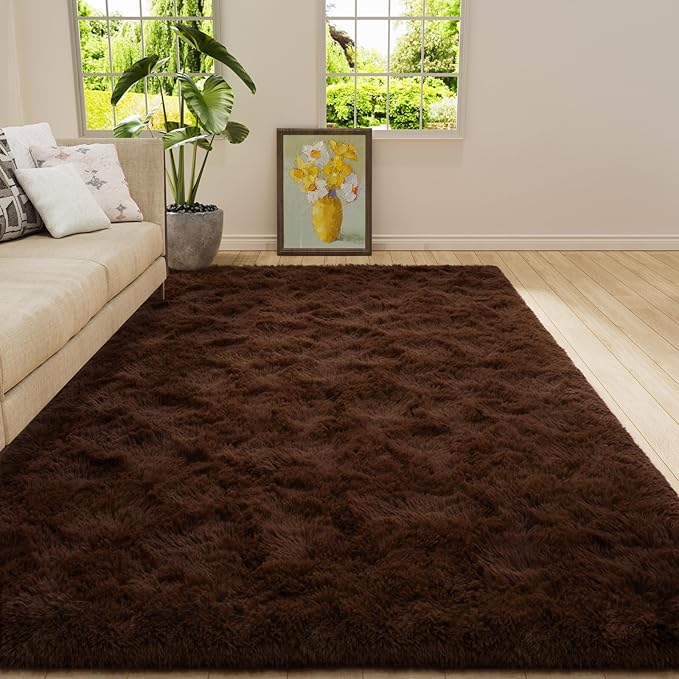 Amearea Premium Soft Fluffy Rug Modern Shag Carpet, 4x5.3 Feet, Fuzzy Shaggy Rugs for Bedroom Living Room Teen Apartment Decor, Comfortable Indoor Furry Dorm Carpets, Brown