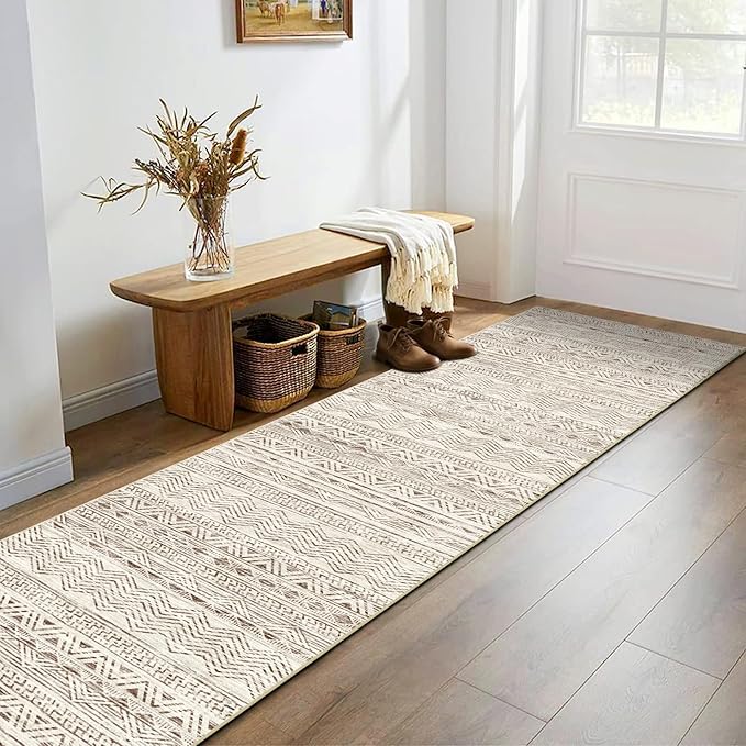 Washable Moroccan Runner Rug 2'6"x8'- Non Slip Living Room Rugs Bedroom Carpet Rubber Backing Hallway Floor Mat for Home Entryway with Low Pile Modern Rug 2'6"x8' Beige
