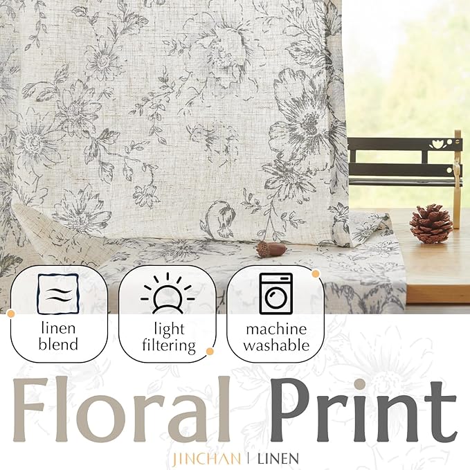 jinchan Linen Blend Curtain Floral Curtains for Living Room 84 Inch Length Grey Printed Curtain Rod Pocket Back Tab Farmhouse Peony Flower Patterned Drapes Bedroom Window Curtains Set 2 Panels