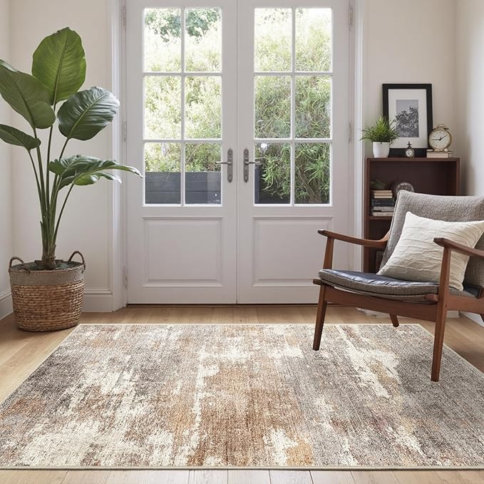 3x5 Washable Entryway Area Rug: Modern Abstract Small Runner Rug Indoor Soft Non Slip Rug for Living Room Low Pile Thin Floor Carpet for Kitchen Dining Room Bedroom Home Office Decor(3x5,Brown/Brick)