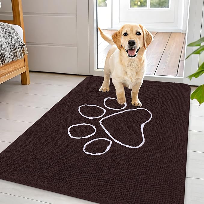 OLANLY Dog Door Mat for Muddy Paws 44x32, Paw Print Design, Absorbs Moisture and Dirt, Absorbent Non-Slip Washable Doormat, Quick Dry Chenille Mud Mat for Dogs, Entry Indoor Entryway Carpet, Brown