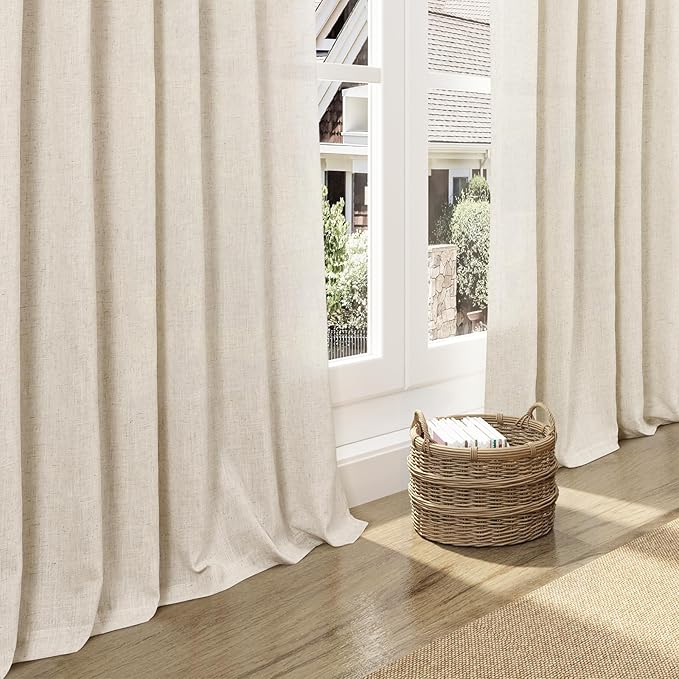 Linen Curtains for Living Room 90 Inches Long Modern Farmhouse Decor Light Filtering Semi Sheer Curtain Back Tab Neutral Luxury Rustic Burlap Coastal Drapes for Bedroom Office 52x90, 2 Panels