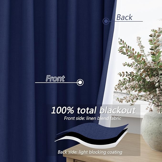 Guken 100% Blackout Curtains 96 Inch Length 2 Panels Set for Living Room Bedroom Back Tab Thermal Insulated Black Out Linen Drapes Room Darkening Window Curtains 96 Inches Long,Classic Blue
