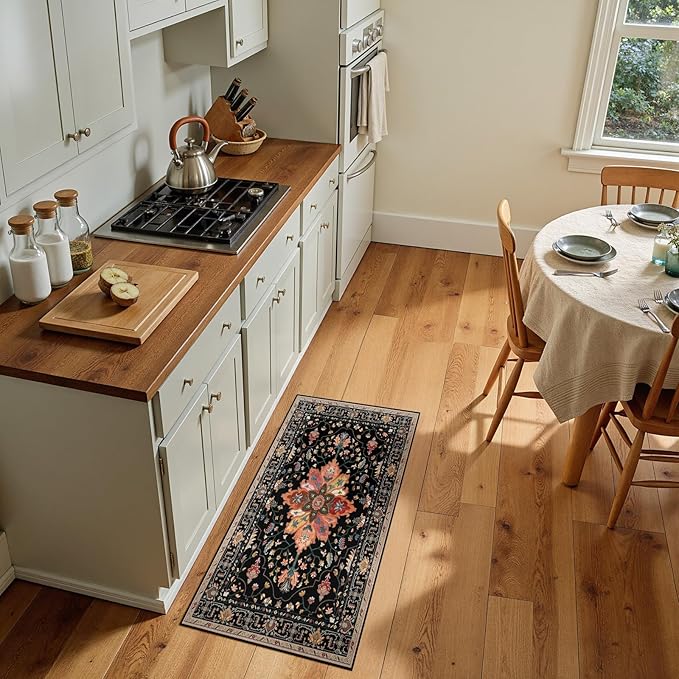 Area Rugs 2'x4' Kitchen Rugs Entry Rug Small Rugs for Entryway Kitchen Bathroom Door Mat Indoor Entrance,Washable Non Slip, Black Colorful Floral Dark Tan