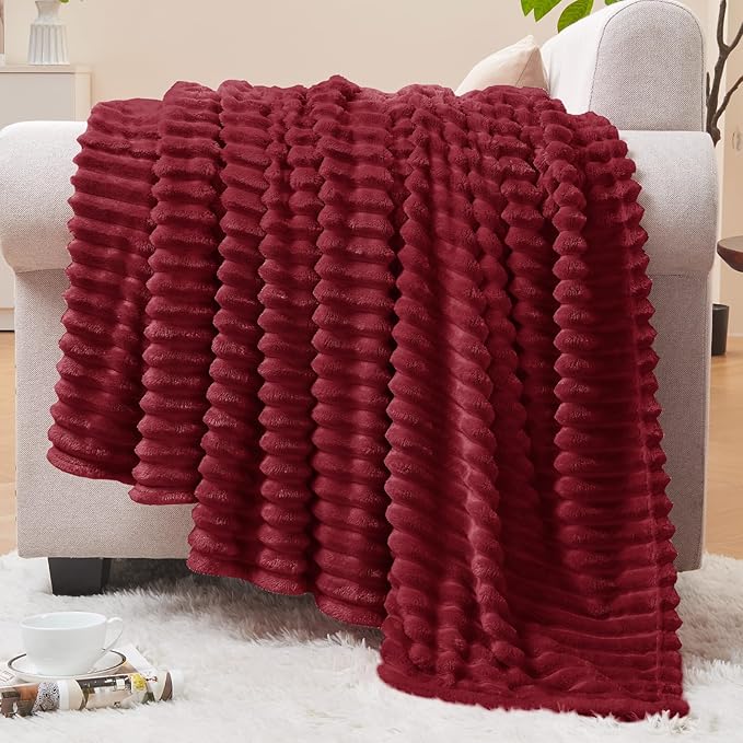 BEDELITE Fleece Blanket Twin Size – 3D Ribbed Jacquard Soft and Warm Decorative Fuzzy Blankets – Cozy, Fluffy, Plush Lightweight Throw Blankets for Couch, Bed, Sofa(Burgundy, 60x80 inches)