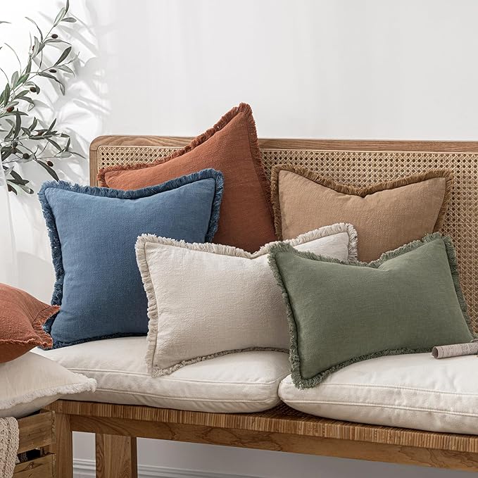 MIULEE Decorative Throw Pillow Covers Neutral Linen Fringe Throw Pillows Set of 2 Blue Ashes Boho Farmhouse Cushion Covers with Tassels for Couch Sofa Bed Home Spring Decor 18x18 Inch