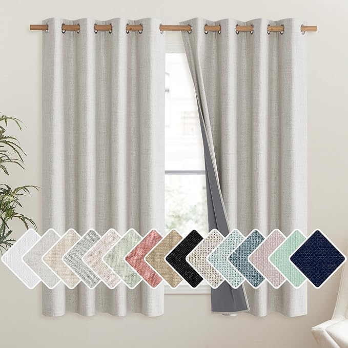 NICETOWN Snowbound Vintage Linen 100% Blackout Curtains for Living Room, Thermal Insulated Curtains 48" Long, Noise Reducing Window Treatment Drapes for Hall Room, 52" Wide Per Panel, Set of 2
