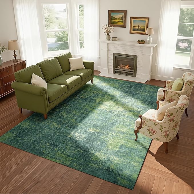 Washable Rugs 8x10 Area Rugs for Living Room-Green Modern Abstract Rugs for Bedroom,Dining Room,Large Soft Low Pile Carpet with Non Slip Rubber Backing,Neutral Accent Rug for Nursery Home Office