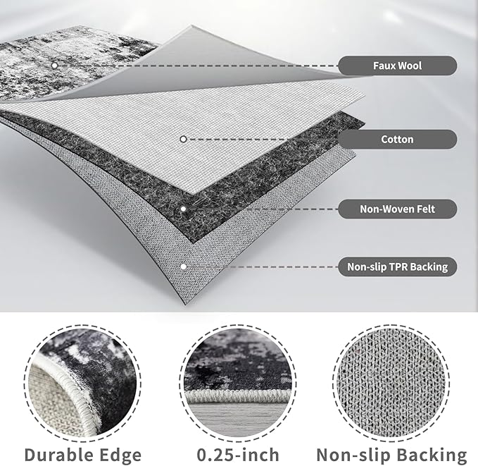 3x10 Washable Runner Rugs for Hallway: Easy-to-Clean Abstract Runners for Entryway Bedroom - Stain and Water Resistant Rugs with Non-Slip Backing - Soft Low-Pile Carpet Black Grey