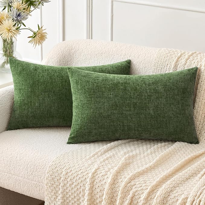MIULEE Pack of 2 Couch Throw Pillow Covers 12x20Inch Soft Moss Green Spring Chenille Lumbar Pillow Covers for Sofa Living Room Solid Dyed Cases