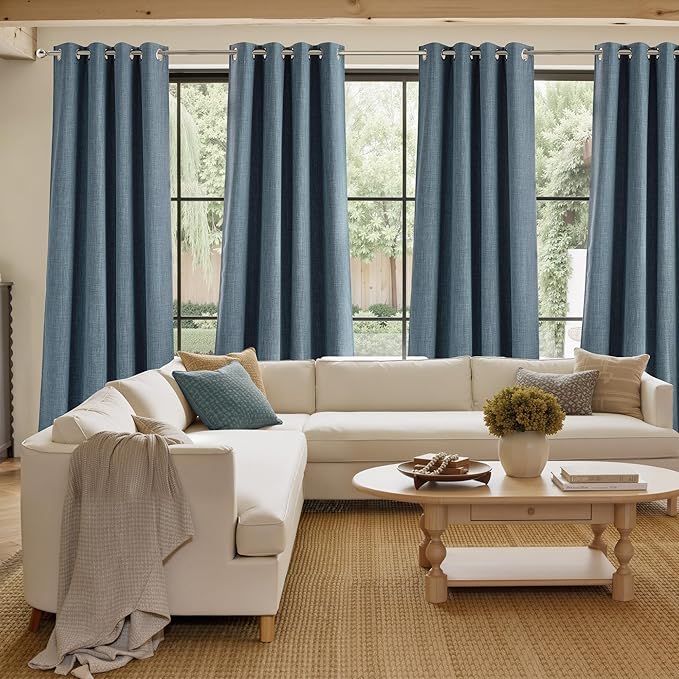 NICETOWN Mist Blue Faux Linen Room Darkening Rod Pocket Curtains 63 inch Length, W42 x L63, Light Blocking Thermal Insulated Noise Reducing Drapes for Bedroom Living Room Farmhouse Decor, 2 Panels