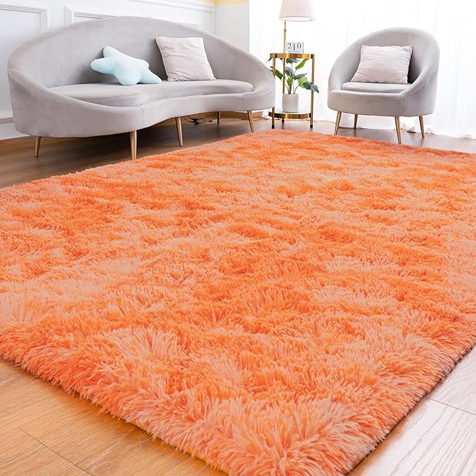 Goideal Fluffy Rug for Bedroom Living Room, 5x7 Orange Area Rugs, Faux Fur Shag Modern Carpet Ultra Soft Girls Boys Room Home Decor, Tie-Dyed