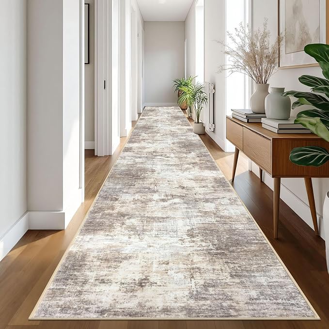 IOHOUZE Abstract Runner Rug 3x20 Ft Extra Long Washable Runners for Hallways, Non Slip Kitchen Runner Printed Faux Wool Entryway Runner Indoor, Modern Abstract Floor Carpet for Hall Stair, Beige Brown