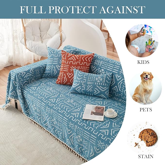 HANDONTIME Turquoise Couch Protector for Dogs Boho Tassel Blue Couch Cover Farmhouse Sofa Covers Aztec Tribal Couch Covers for 3 Cushion Couch Sofa Universal Sofa Slipcover for Home décor, 71" X134"