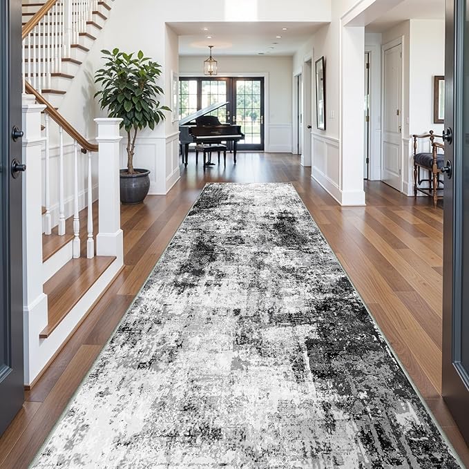 4x12 Runner Rug for Wide Hallway: Long Washable Runners for Entryway Living Room Dining Room - Stain and Water Resistant Rugs with Non-Slip Backing - Soft Low-Pile Carpet Black Grey