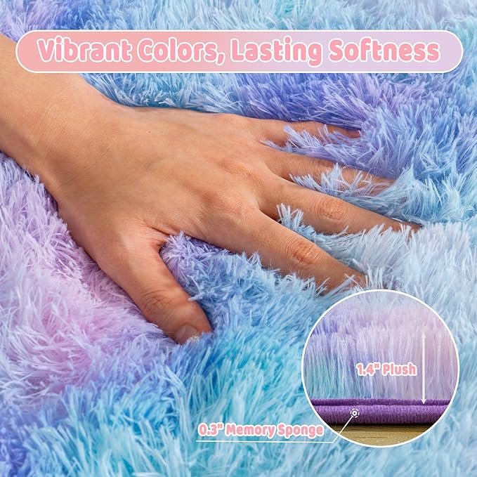 Soft Runner Rugs for Bedroom Hallways, 2x4 Purple Rainbow Fluffy Shag Throw Area Rug Non Slip for Bedside Dorm, Long Shaggy Furry Carpet for Nursery Living Room