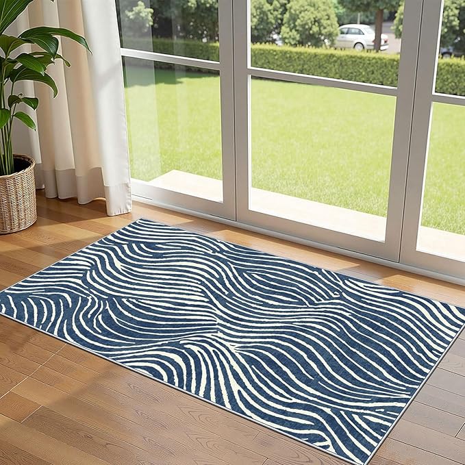Front Door Mat Indoor Entrance - 2x4.3 Ft Modern Washable Layered Doormat Outdoor Entrance Porch Rug Non-Slip Abstract Blue White Waves Runner Rug for Kitchen Bedroom Laundry Room Porch Decor
