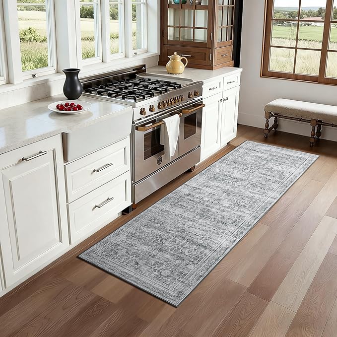 Lofus 2X 6 Area Rug for Hallways,Grey Washable Runner Rugs with Non Slip Rubber Backing, Low Pile Soft Carpet Runner for Kitchen Bathroom Bedroom Laundry
