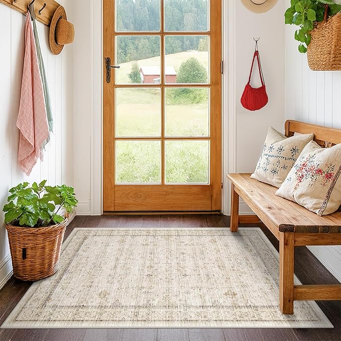 Vintage 3x4 Beige Indoor Rugs for Entryway - Geometric Pattern Washable Non Slip Rug for Kitchen, Bedroom, Laundry Room, Bathroom, Modern Farmhouse Home Décor, Low Pile & Soft Floral Carpet