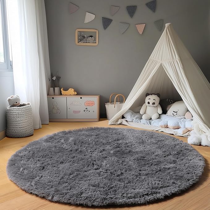 ONASAR Grey Round Area Rugs 5ft, Gray Soft Bedroom Circle Rug Floor Mats for Kids Girls Teen Room, Fluffy Plush Shaggy Carpet for Baby Nursery Living Room Playroom Home Decor Aesthetic