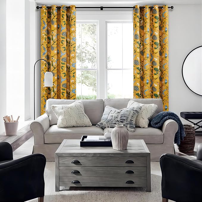 Topfinel 100 Inches Long Mustard Yellow Luxury Curtains for Living Room Bedroom, Blackout Vintage Art Deco Victorian Curtains Floral Lemon Hummingbird Printed Grommet Drape 100 Inch Length