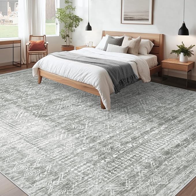 Living Room Rugs 9x12: Washable Moroccan Geometric Boho Rug Farmhouse Non Slip Stain Resistant Large Rug Low Pile Soft Carpet for Bedroom Dining Room Children Room (Grey,9'x12')
