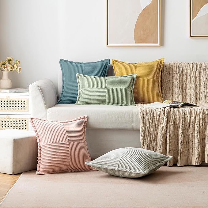 MIULEE Decorative Throw Pillow Covers for Couch Bed Livingroom 18x18 Inch Set of 2 Dusty Blue Boho Accent Throw Pllows Broadside Striped Patchwork Soft Corduroy Summer Coastal Pillowcases