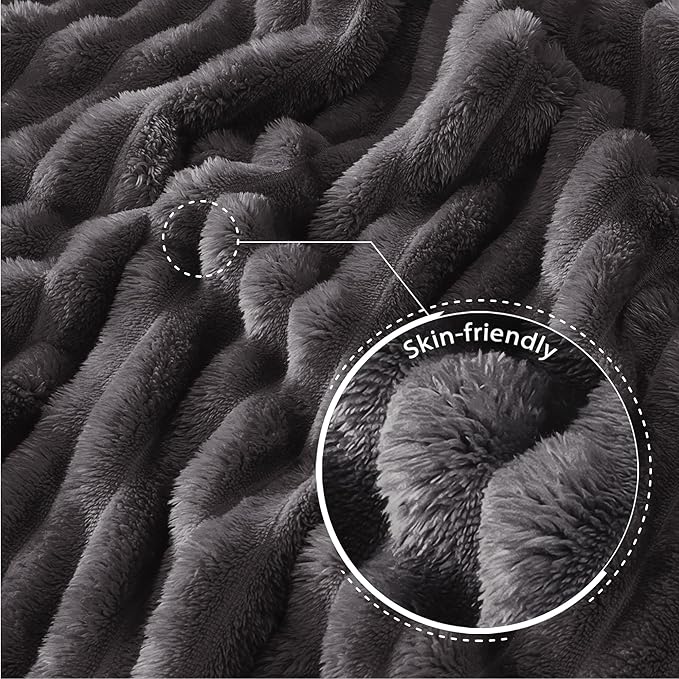 Exclusivo Mezcla Queen Size Flannel Fleece Blanket, Super Soft Striped Jacquard Bed Blanket, Lightweight Fuzzy Cozy for All Seasons, 90x90 Inches, Dark Grey