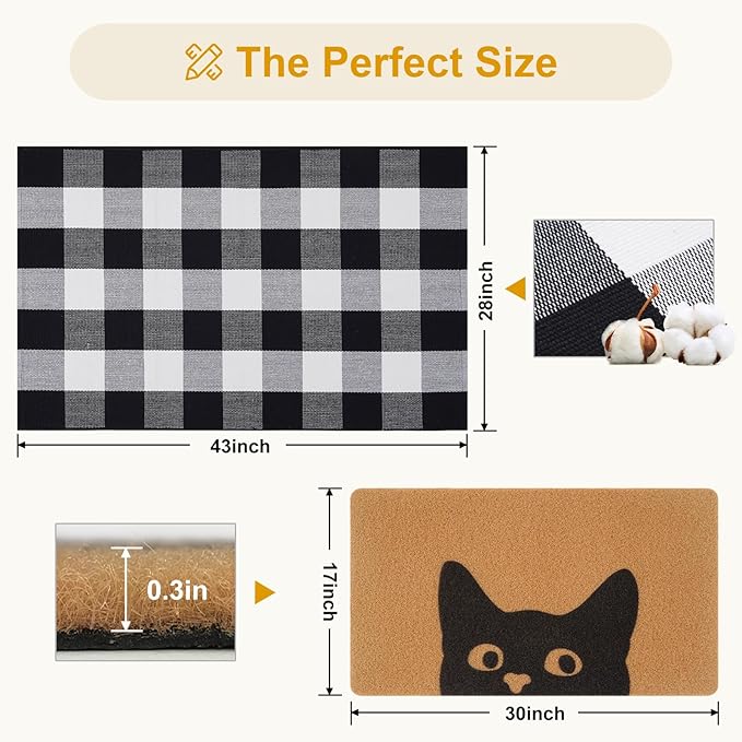 UINI Welcome Door Mat Combo Set, 28" x 43" Black and White Plaid Mat +17" x 30" Cat Welcome Mat, 2 PCS Doormat Set for Front Door, Entrance, Porch Decor, Non-Slip