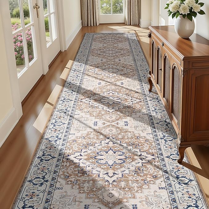Lofus 2'6"x14' Runner Rug for Hallways, Washable Kitchen Rugs, Non-Slip Rugs for Entryway and Bedroom, Vintage Boho Carpet, Soft Low Pile Long Runner Area Rug, Floral Brown