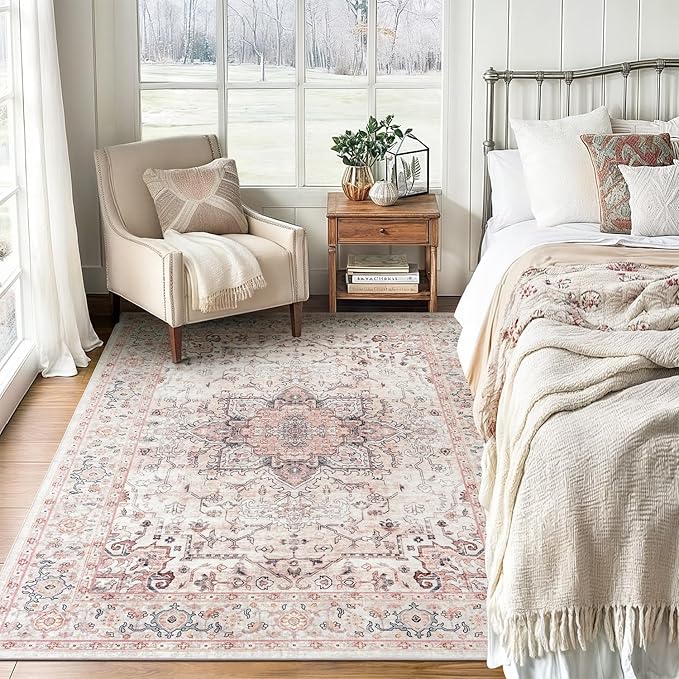 Lofus 3x5 Area Rugs for Living Room, Washable Area Rug, Rugs for Bedroom, Kitchen, Vintage Boho Carpet, Soft Non-Slip, Low Pile Large Area Rug for Office Dining Room, Pink