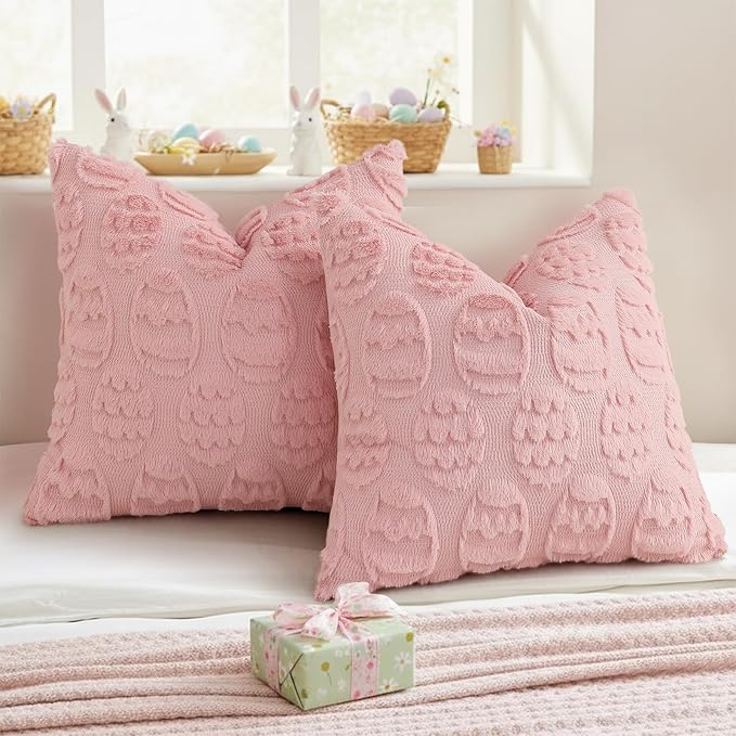 decorUhome Easter Pink Egg Pillow Covers 18x18 Inch Set of 2, Soft Plush Faux Wool Jacquard Cushion Covers, Farmhouse Neutral Fuzzy Spring Easter Holiday Decor for Couch Sofa Bed