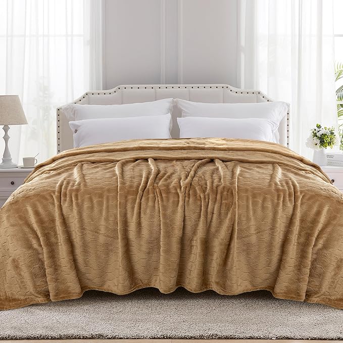 TOONOW Fleece Bed Blanket Queen Size 90x90 inches , Super Soft Fluffy Fuzzy Plush Blanket Geometric Pattern Cozy Microfiber Flannel Blankets for Couch, Bed, Sofa, Camel