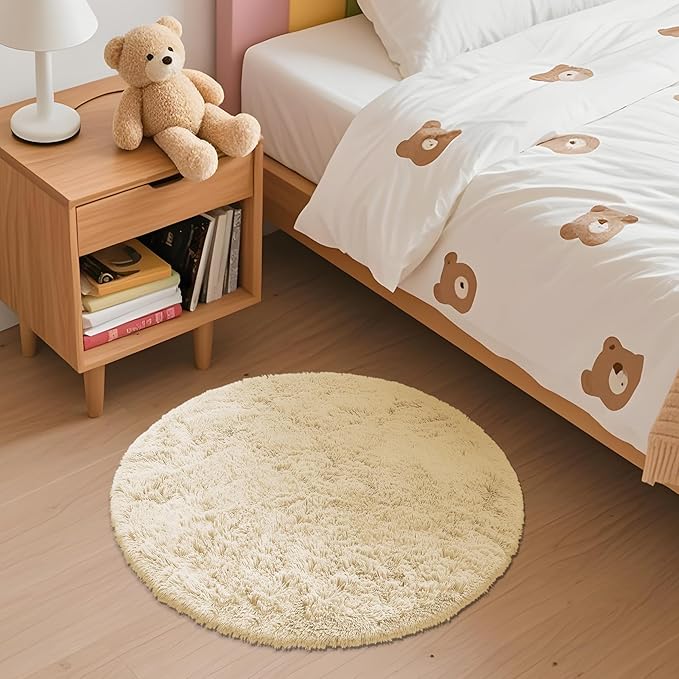 OLANLY Cream Round Rugs for Bedroom - Machine Washable, 2 ft Circle Area Rugs for Living Room, Soft and Fluffy Shaggy Carpet for Teen Girl and Boys, Nursery Rooms, Dorms, Home Decor Aesthetic