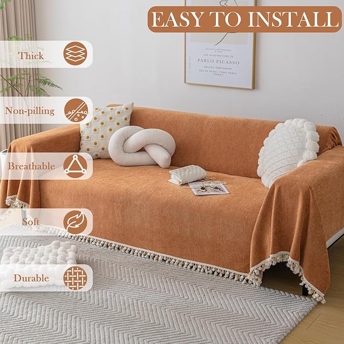 HANDONTIME Dark Orange Sofa Covers Couch Cover for Dogs Colorful Tassel Lovetseat Cover Pet Couch Cover Bohemian Sofa Cover for Couch Vintage Boho Couch Covers Futon Cover Pet-Friendly, 91" X150"