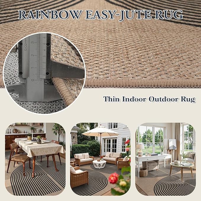 Lahome Enfys Modern Rainbow Easy Jute 9x12 Rug, Large Outdoor Patio Rug Farmhouse Indoor Outdoor Living Room Carpet, Contemporary Non Slip Non Shedding Nature Carpet for Dining Room Basement Backyard