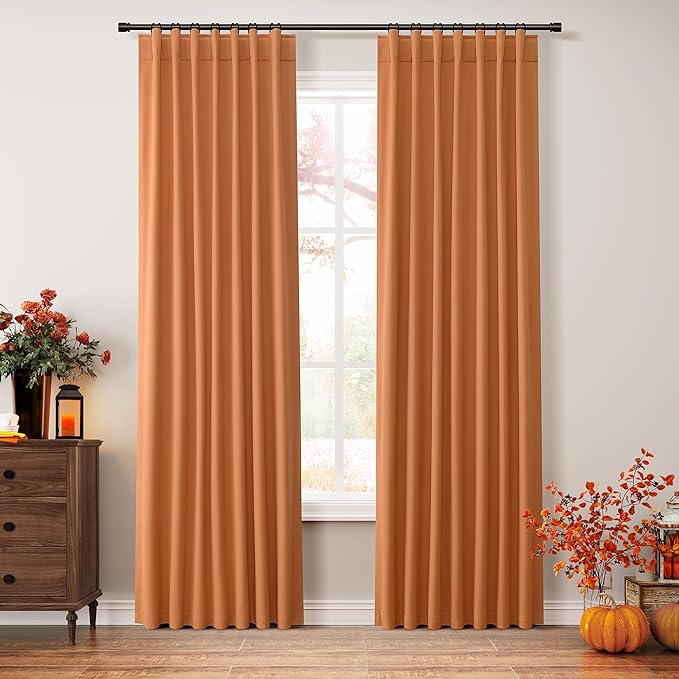 Guken Orange 100% Blackout Linen Curtains 84 Inch Length 2 Panels Set for Living Room Bedroom Back Tab Thermal Insulated Black Out Drapes Room Darkening Farmhouse Window Curtains 84 Inches Long