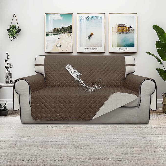 ISSUNTEX Double Protection 100% Waterproof Loveseat Sofa Covers for Living Room, Couch Covers for 2 Cushion Couch Sofa, Reversible Furniture Protector Sofa Cover for Dogs (Loveseat, Camel/Ivory)