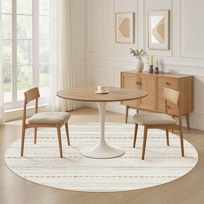 Nakagishi Round Rug Boho Area Rugs: 6x6 Washable Large Circle Neutral Soft Stain Resistant Non-Slip Carpet for Women Aged 25-45 Farmhouse Decor Enthusiasts - Living Room Bedroom Dining Room Nursery